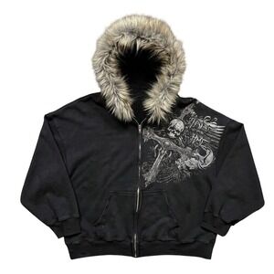 Y2K Gothic Skull Cross Graphic Zip Up Hoodie Faux Fur Trim Hood Black Streetwear